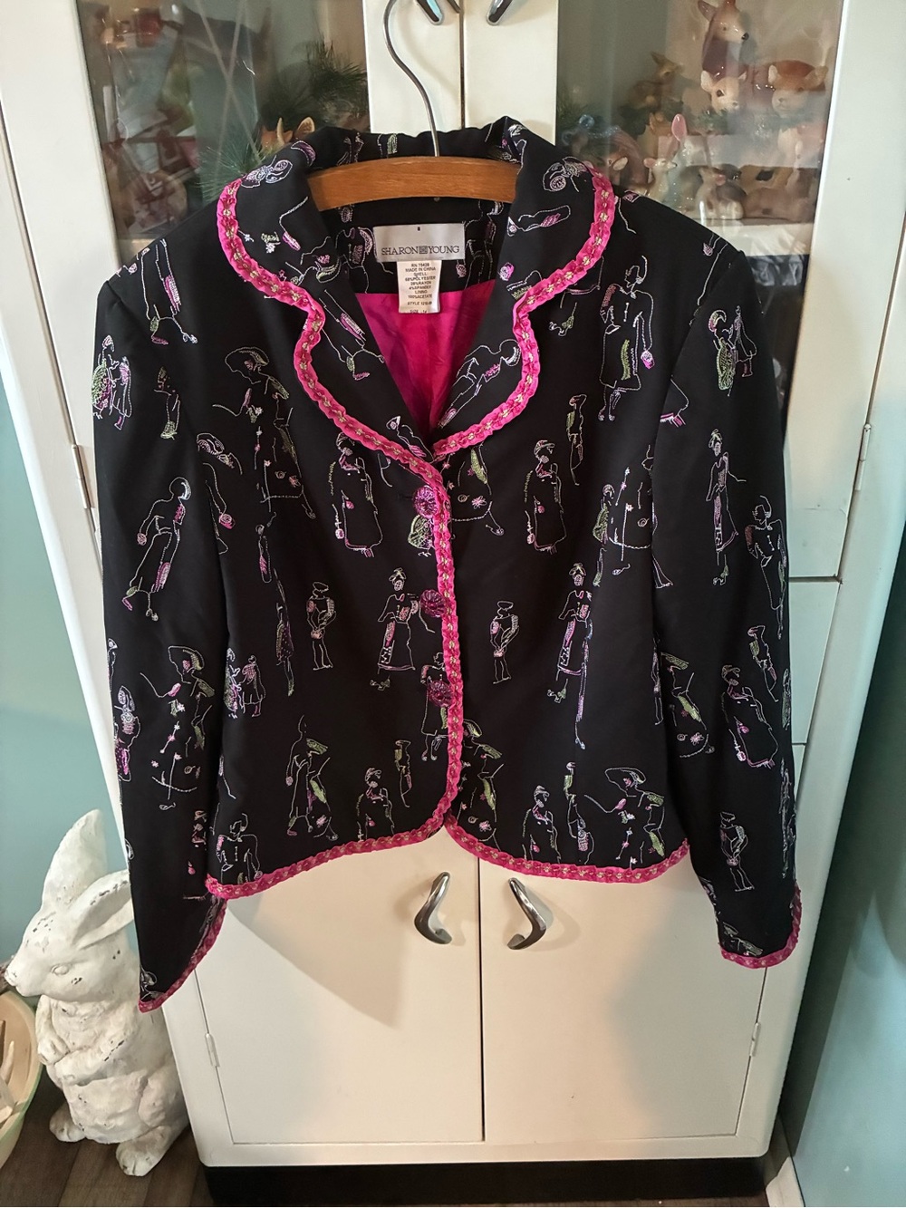 Sharon Young Vintage  sz 14 Pink-Trimmed Black Patterned Women's Jacket euc